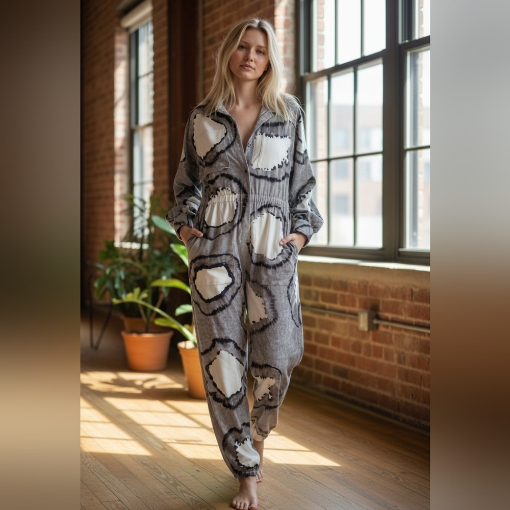 Norma Kamali Women's Turtle Cargo Black Tye Dye Jumpsuit Sz M / 38 New NWT Rare!